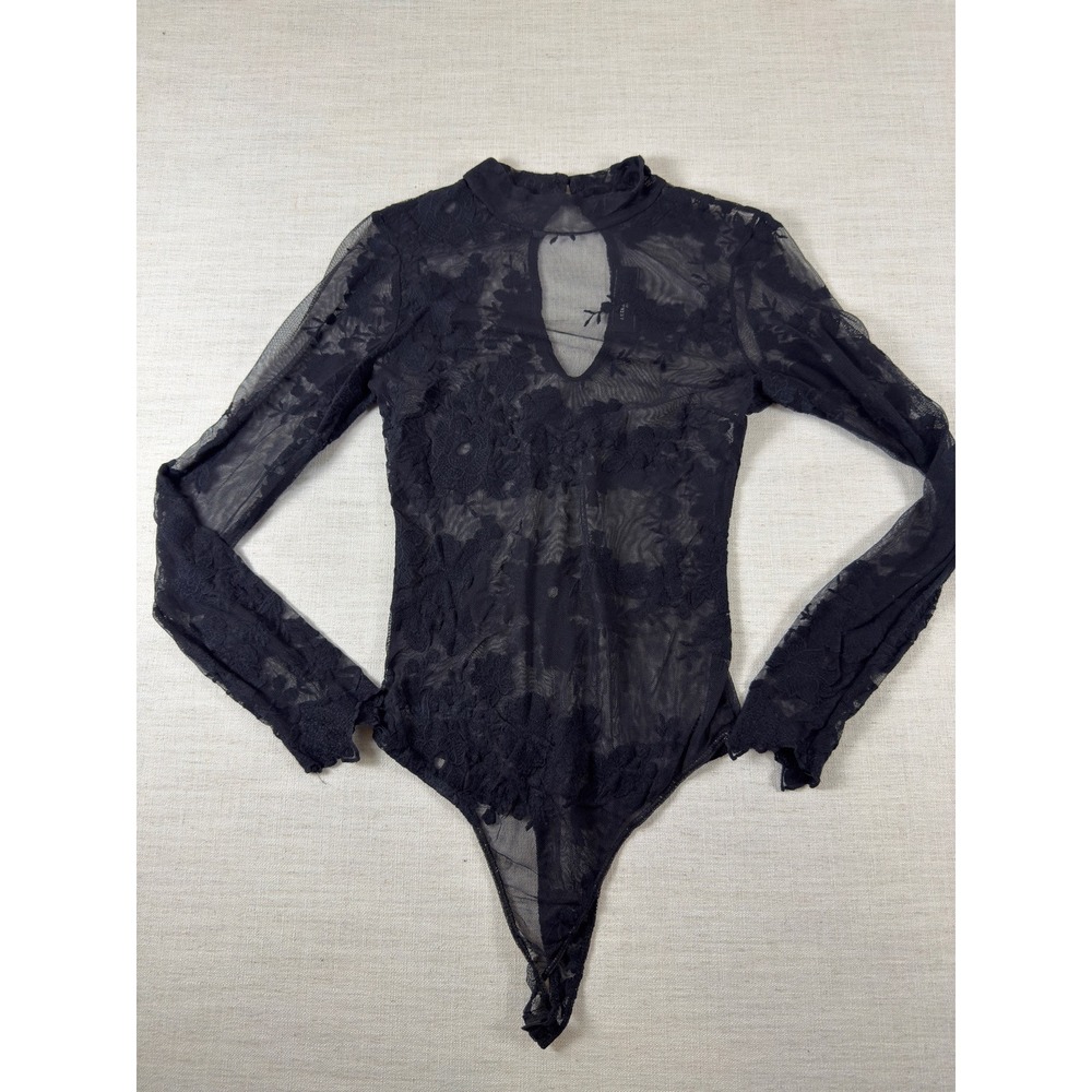 Akira Chicago Black Label Sheer Floral Lace Mock Neck Keyhole Bodysuit Black M